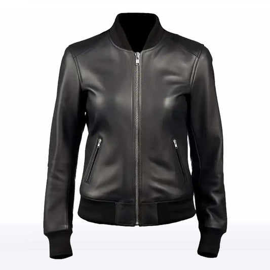 Mila Black Leather Bomber Jacket for Women