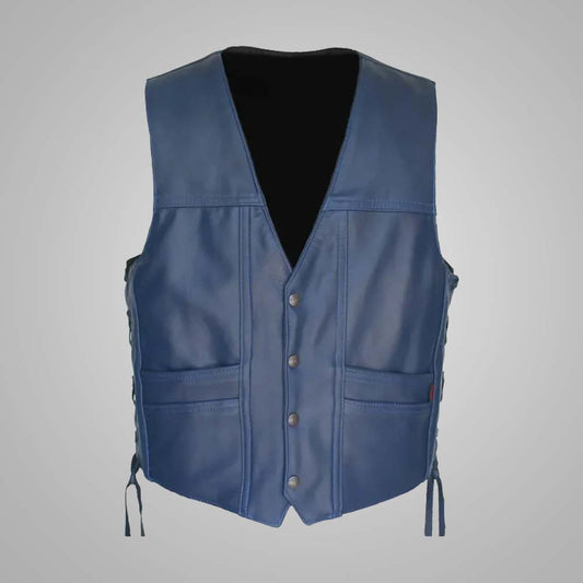 Navy Blue Men’s Leather Vest - V-Neck Style for Casual Wear