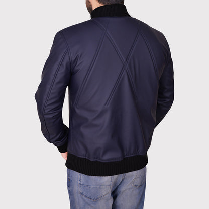 Navy Blue Varsity Leather Jacket - Stylish Outerwear