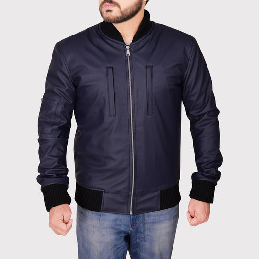 Navy Blue Varsity Leather Jacket - Stylish Outerwear