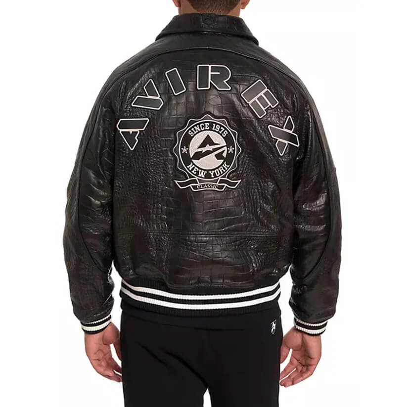 New Black Croc-Embossed Classic Avirex Leather Jacket