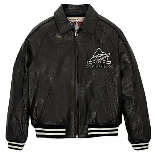 New Black Croc-Embossed Classic Avirex Leather Jacket