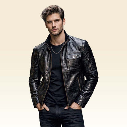 New black crocodile textured leather jacket for men by Jackets Kingdom