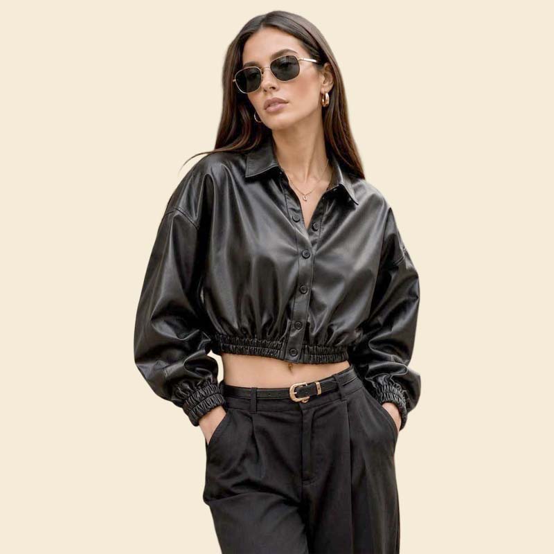 New black cropped leather shirt jacket women oversized chic style by Jackets Kingdom