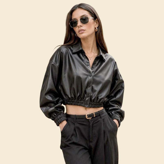 New black cropped leather shirt jacket women oversized chic style by Jackets Kingdom
