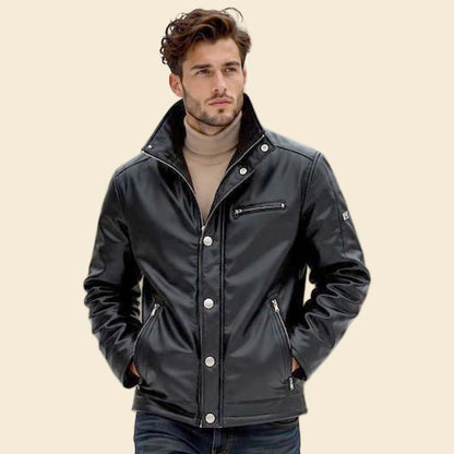 New black leather jacket for men with high collar slim fit design by Jackets Kingdom