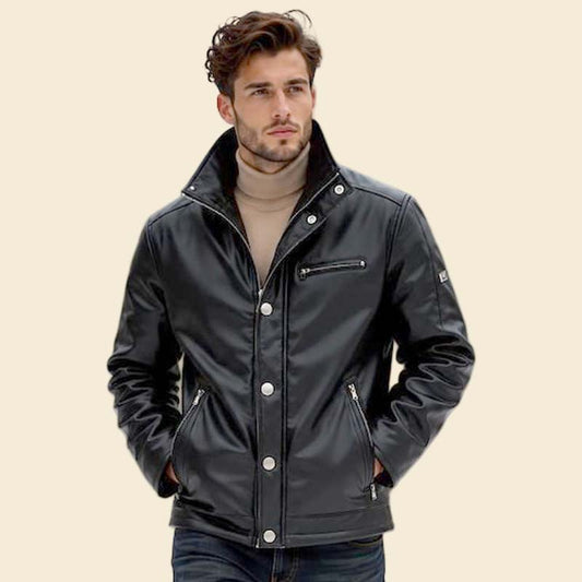 New black leather jacket for men with high collar slim fit design by Jackets Kingdom