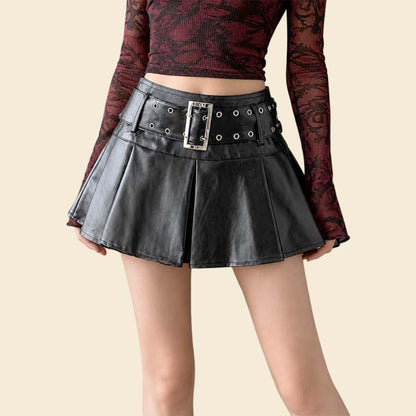 New black leather pleated mini skirt for women high waist gothic style by Jackets Kingdom