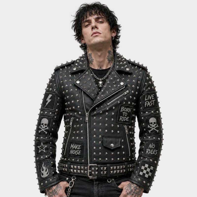 New black studded leather biker jacket with skull patches and silver spikes by Jackets Kingdom