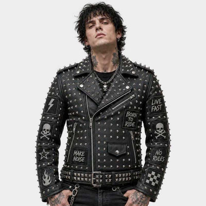New black studded leather biker jacket with skull patches and silver spikes by Jackets Kingdom