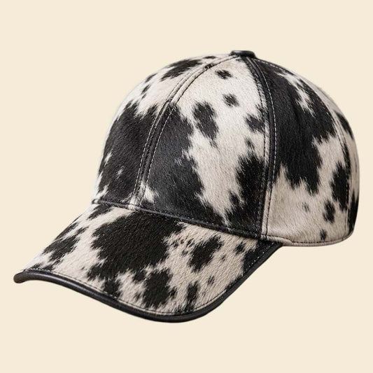 New black and white cowhide leather baseball cap with natural hair on finish by Jackets Kingdom