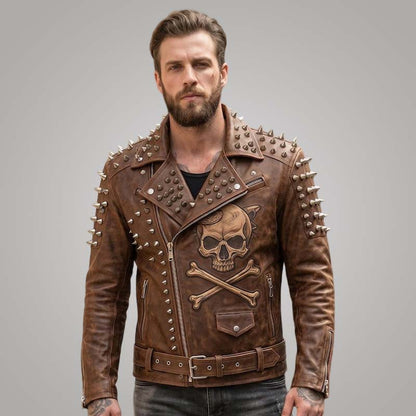 New men's brown distressed leather motorcycle jacket with skull snake artwork and studded biker details by Jackets Kingdom