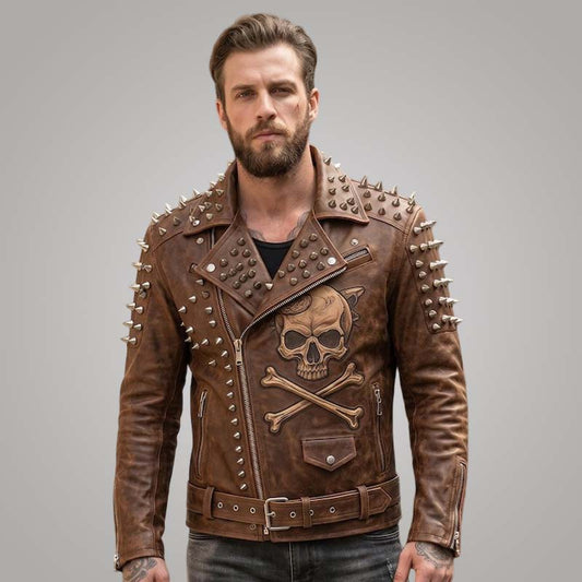 New men's brown distressed leather motorcycle jacket with skull snake artwork and studded biker details by Jackets Kingdom