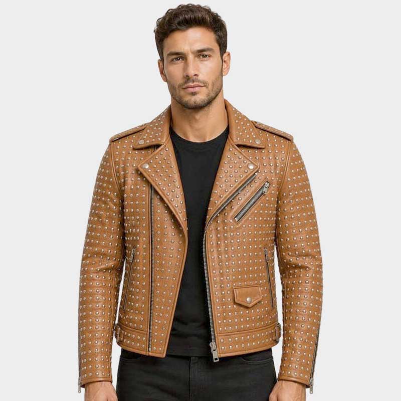 New men's brown leather biker jacket with silver studded punk style by Jackets Kingdom