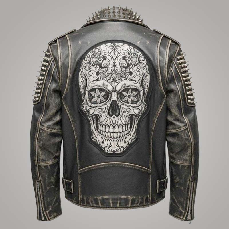 New men's distressed leather biker jacket with sugar skull gothic design by Jackets Kingdom