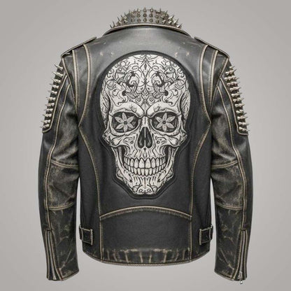 New men's distressed leather biker jacket with sugar skull gothic design by Jackets Kingdom