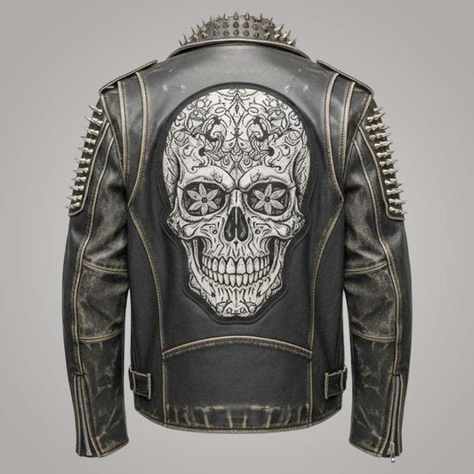 New men's distressed leather biker jacket with sugar skull gothic design by Jackets Kingdom