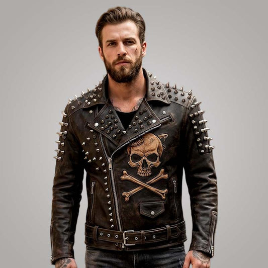 New men's distressed leather motorcycle jacket with skull snake artwork and studded biker design by Jackets Kingdom