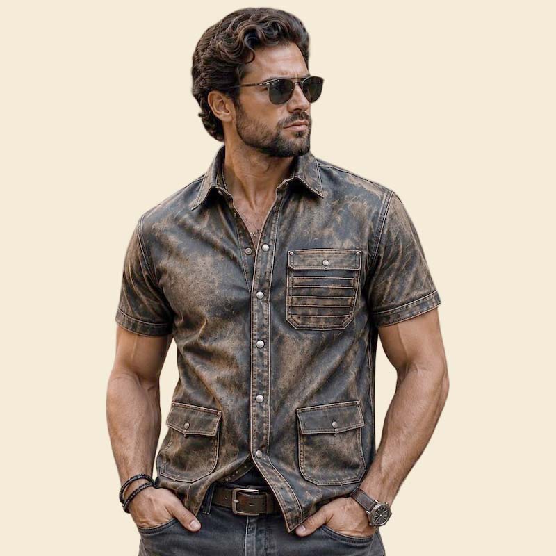 New distressed leather short sleeve shirt men brown western style by Jackets Kingdom