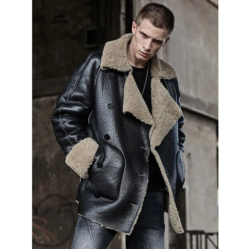 New Fashion Men's Sheepskin Shearling Fur Coat