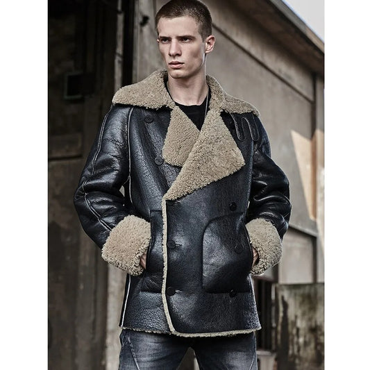 New Fashion Men's Sheepskin Shearling Fur Coat