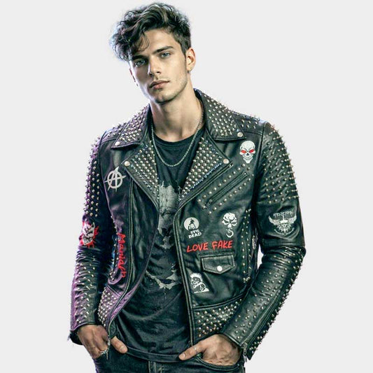 New gothic studded leather jacket for men with skull graphics and punk styling by Jackets Kingdom