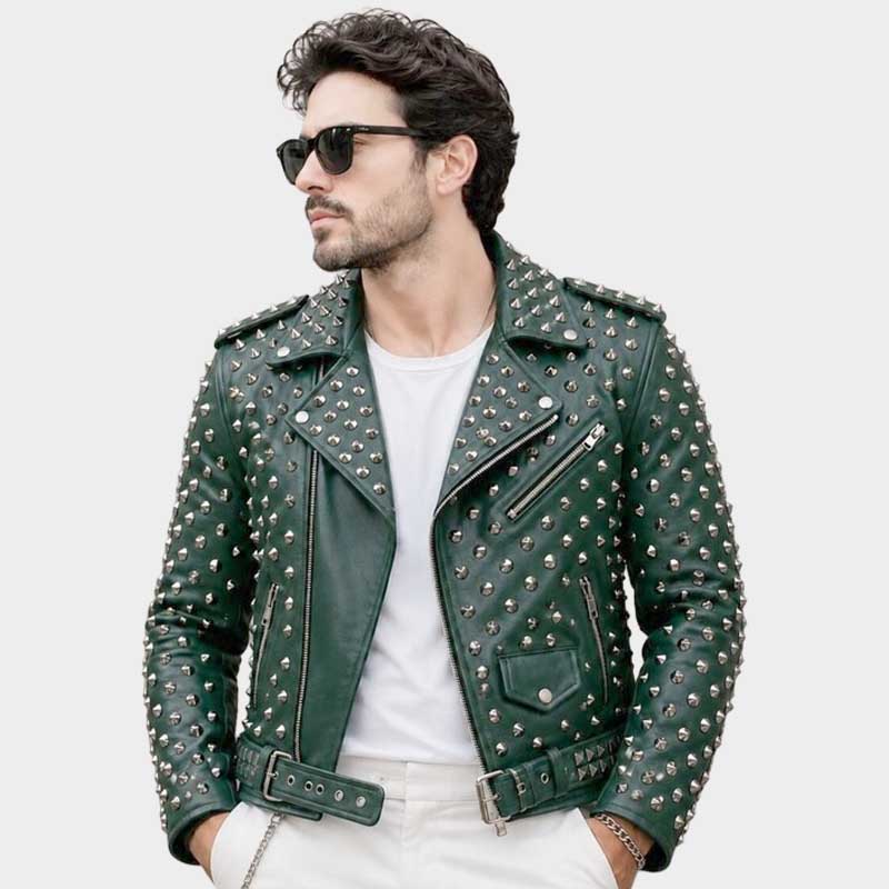 New green leather biker jacket for men with silver rivet detailing by Jackets Kingdom