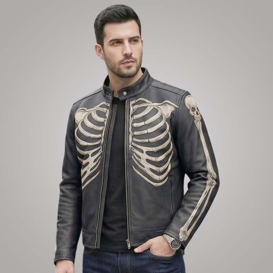 New men's black leather cafe racer jacket with skeleton punk design by Jackets Kingdom