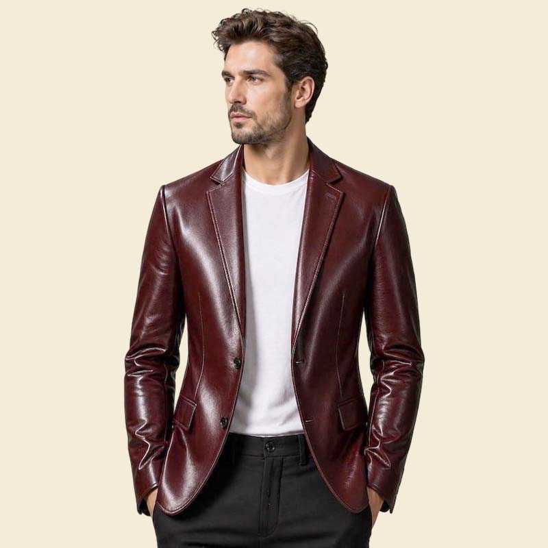 New maroon genuine leather blazer for men slim fit by Jackets Kingdom