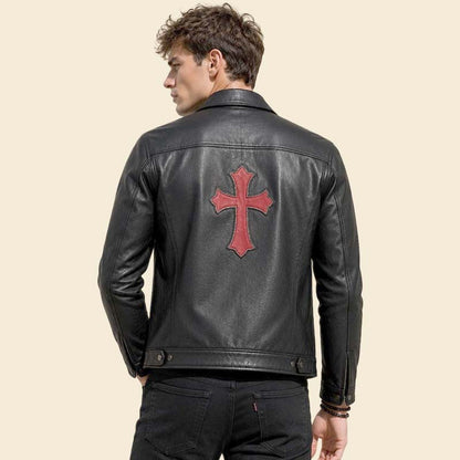New men black gothic leather biker jacket with cross patch by Jackets Kingdom