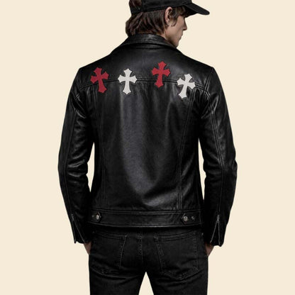 New men black leather gothic biker jacket with red and white cross patch by Jackets Kingdom