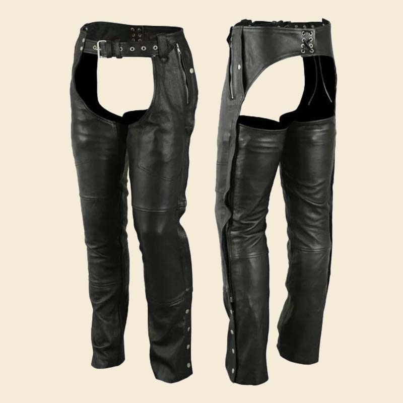 New men black leather motorcycle chaps made from premium cowhide leather by Jackets Kingdom