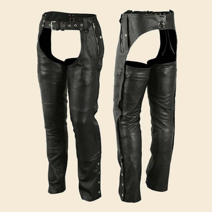 New men black leather motorcycle chaps made from premium cowhide leather by Jackets Kingdom