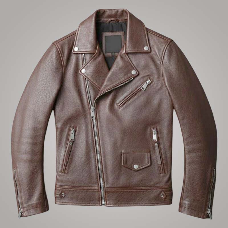 New men brown leather biker jacket in genuine leather vintage style by Jackets Kingdom