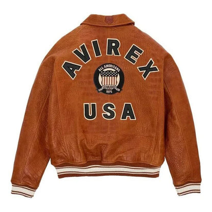 Brown Varsity Letterman Bomber Avirex Crocodile Jacket