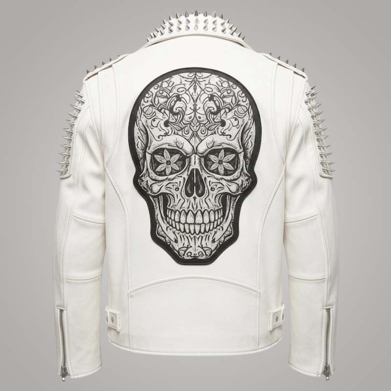New men cowhide leather biker jacket with bold Sugar Skull design by Jackets Kingdom