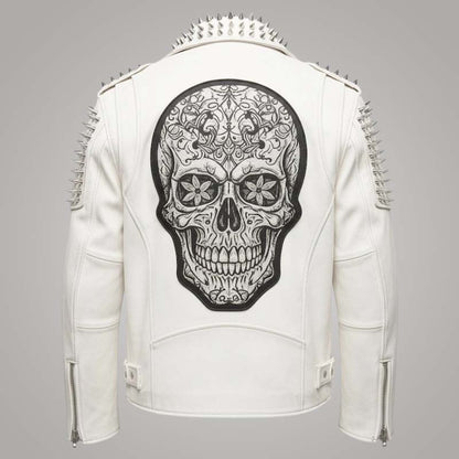 New men cowhide leather biker jacket with bold Sugar Skull design by Jackets Kingdom
