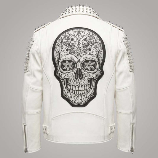 New men cowhide leather biker jacket with bold Sugar Skull design by Jackets Kingdom