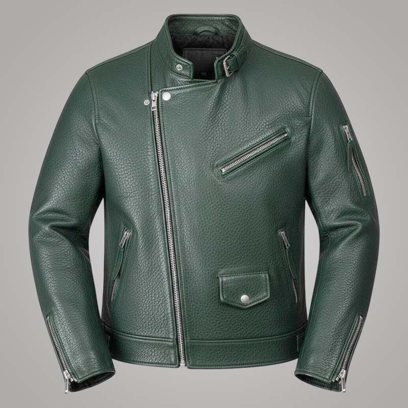New men dark green motorcycle jacket in full grain pebbled leather by Jackets Kingdom