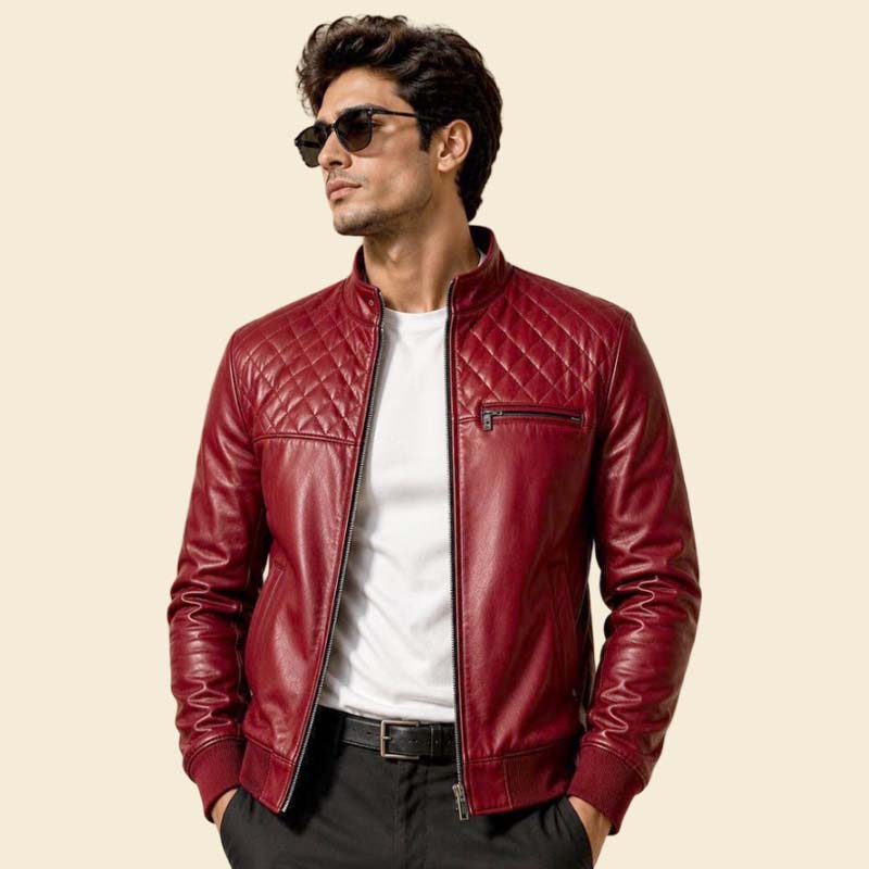New men red quilted leather biker jacket with slim fit design by Jackets Kingdom
