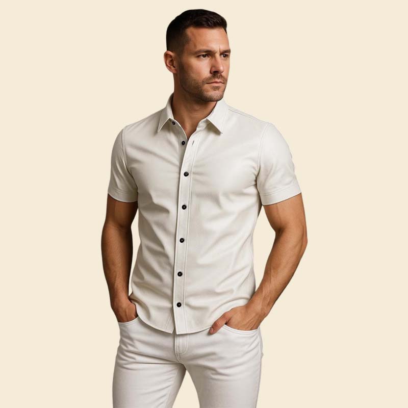 New men white leather slim fit shirt crafted from genuine sheep leather by Jackets Kingdom