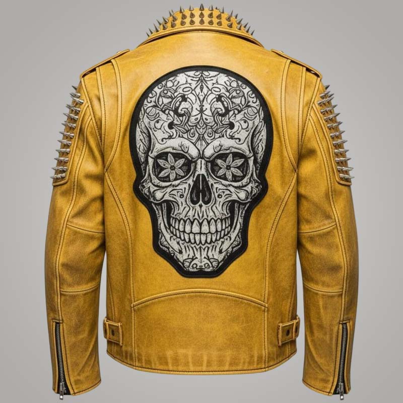 New men yellow cowhide leather biker jacket with Sugar Skull design by Jackets Kingdom