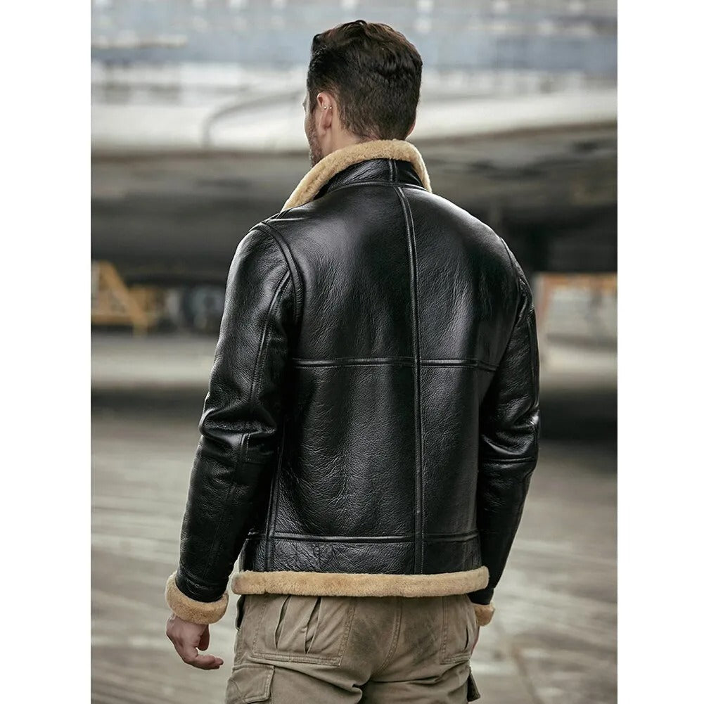 Black B3 Shearling Motorcycle Jacket - Sheepskin Fur Coat
