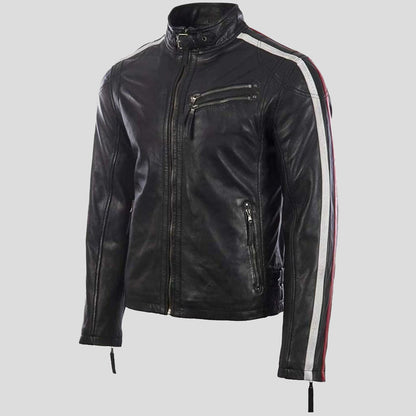 New Men's Black Leather Motorcycle Jacket with Red and White Stripes