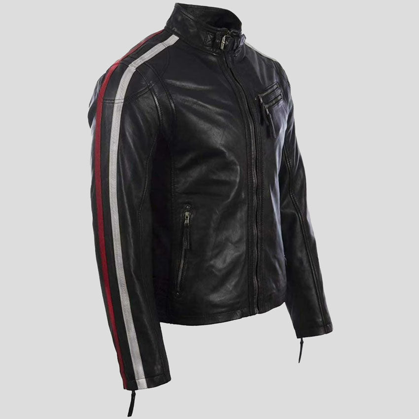 New Men's Black Leather Motorcycle Jacket with Red and White Stripes