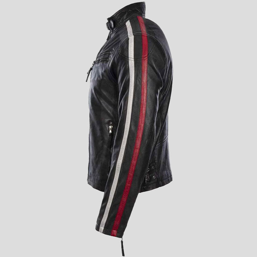 New Men's Black Leather Motorcycle Jacket with Red and White Stripes