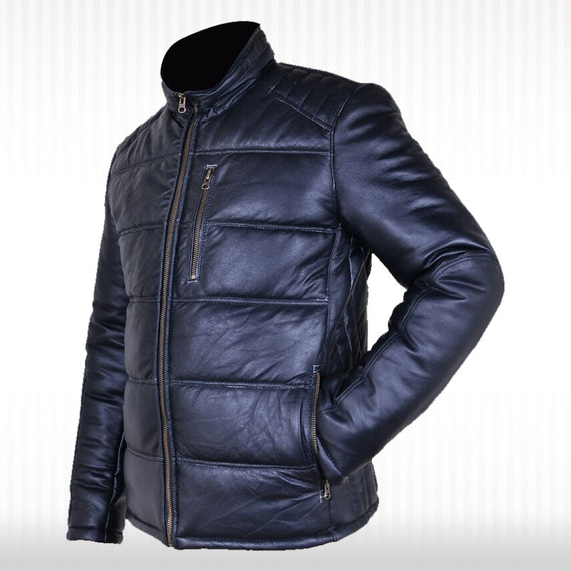 New Men's Black Leather Puffer Quilted Bomber Jacket