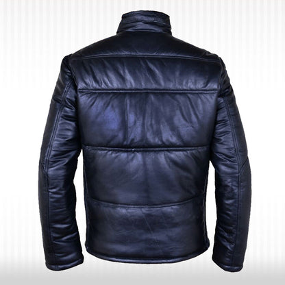 New Men's Black Leather Puffer Quilted Bomber Jacket