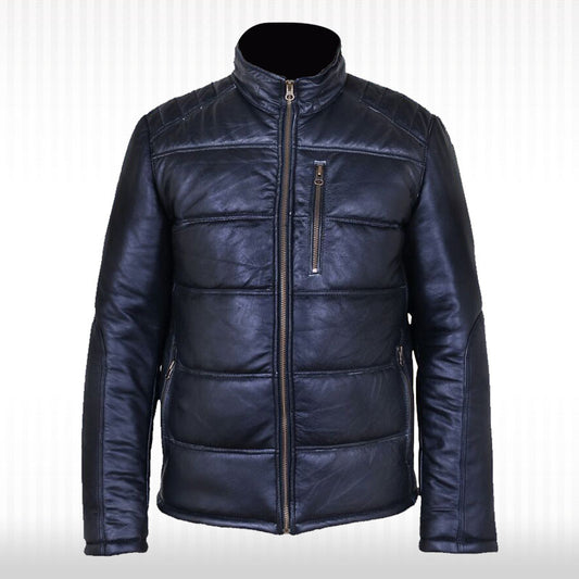 New Men's Black Leather Puffer Quilted Bomber Jacket