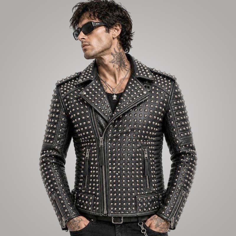 New men's black studded leather biker jacket in genuine leather with silver studs and biker styling.